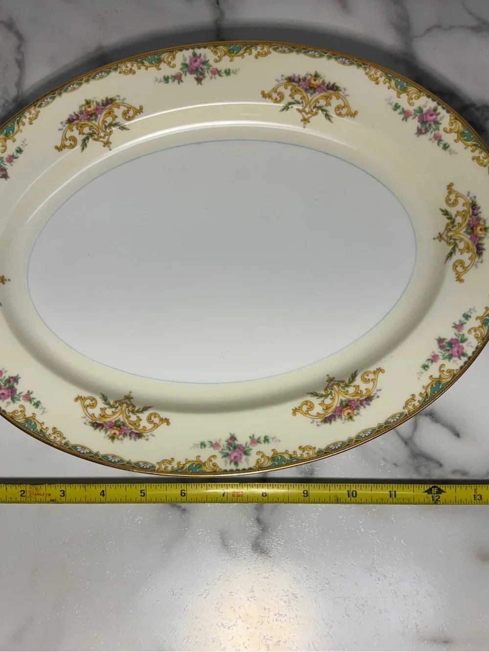 Noritake Cream Oval Serving Platter with Gold Trim and Pink Floral Accents